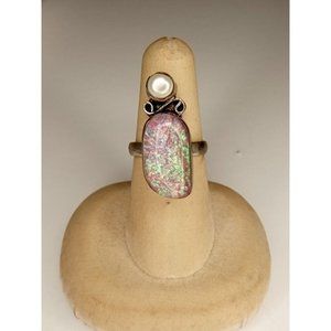 8.25 3/4" Pink Flecked Stone Faux Pearl Sterling Silver Stamped 925 Ring (1e1)